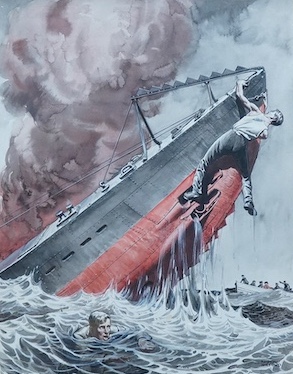 Raymond Sheppard (1913-1958), ink and watercolour illustration, Sinking warship and soldiers, signed, 40 x 30cm. Condition - good